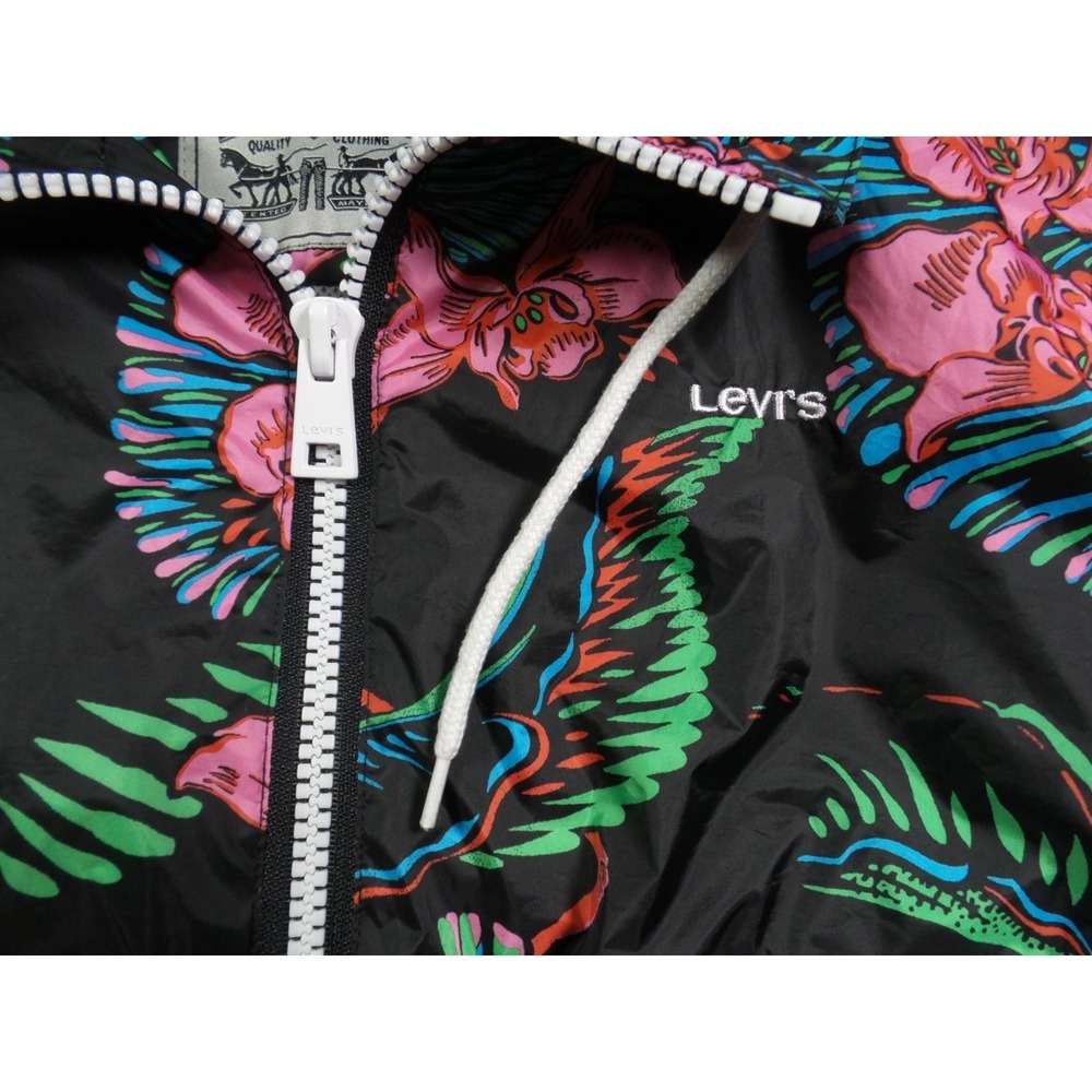 Levis Jacket Womens Size Medium Black Floral Pullover 1/4 Zip Hooded Windbreaker - Picture 6 of 15